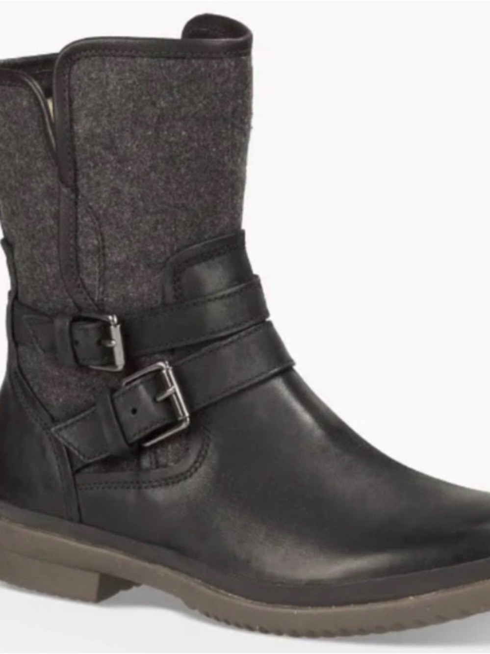 UGG Simmens Mid-Calf Black Leather Boots with Burgundy Shearling Lining